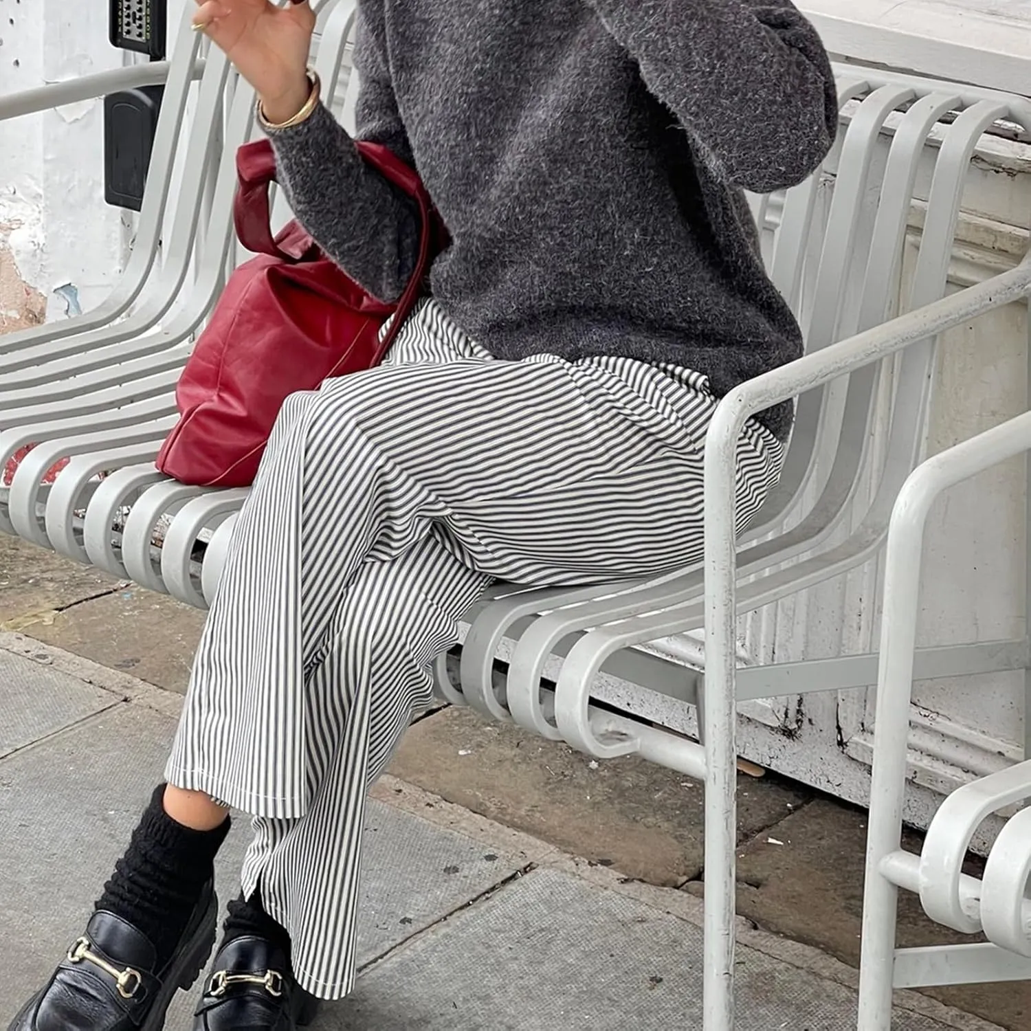 XBTCLXEBCO Women Y2K Striped Lounge Pants Elastic Waist Straight Wide Leg Pajama Bottoms Casual Going Out Trousers Pants