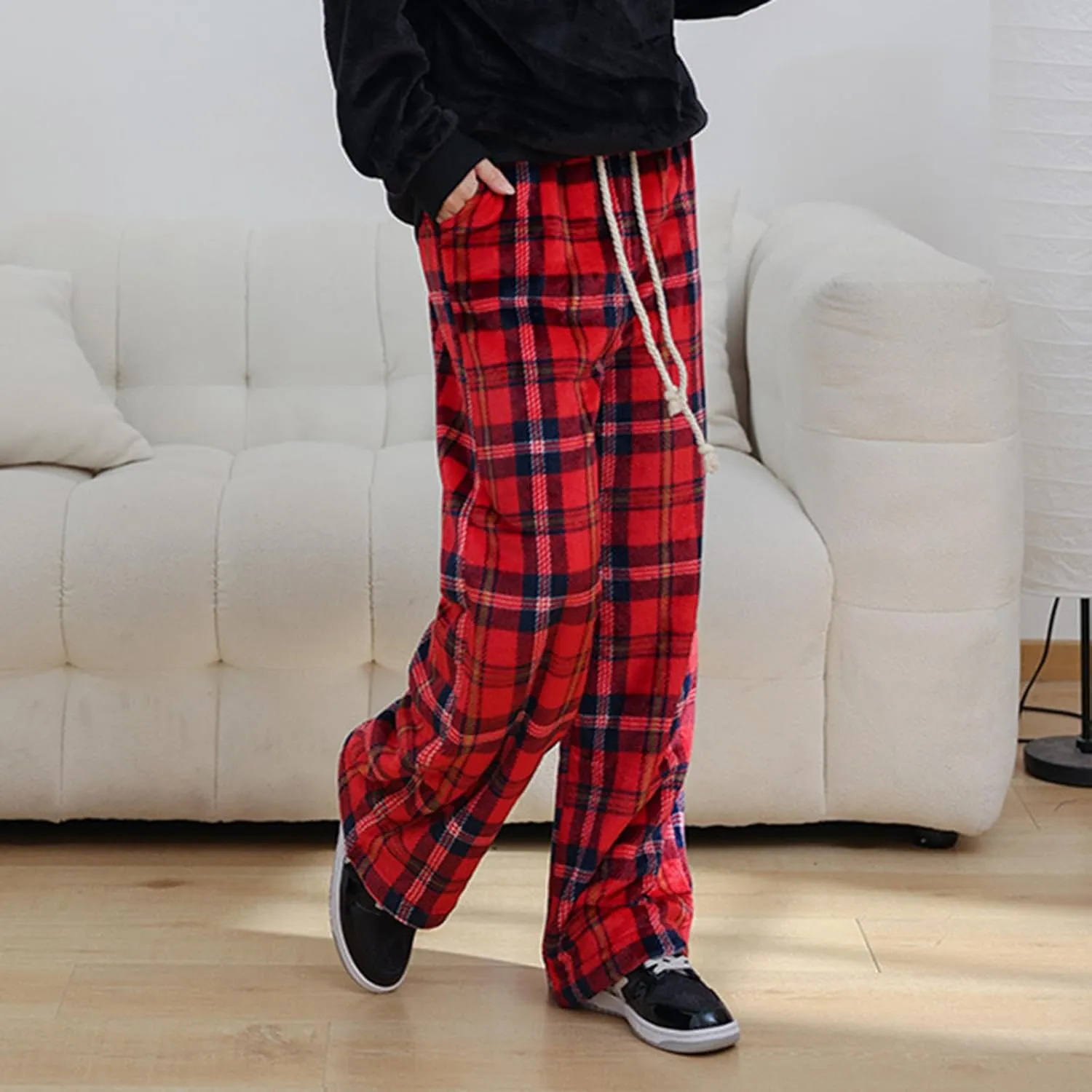 Xmas Plaid Pants for Unisex Warm Fleece Thermal Pajamas Trousers Casual Trendy Lounge Pants 2024 Christmas Outfits