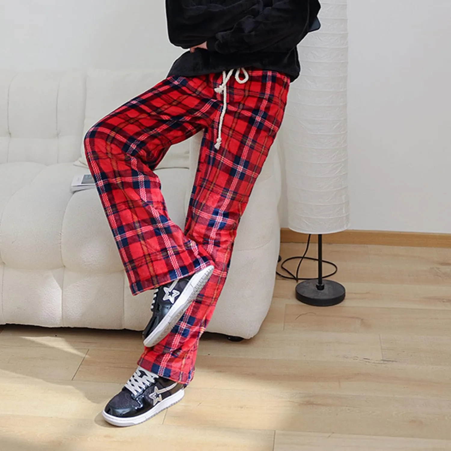 Xmas Plaid Pants for Unisex Warm Fleece Thermal Pajamas Trousers Casual Trendy Lounge Pants 2024 Christmas Outfits
