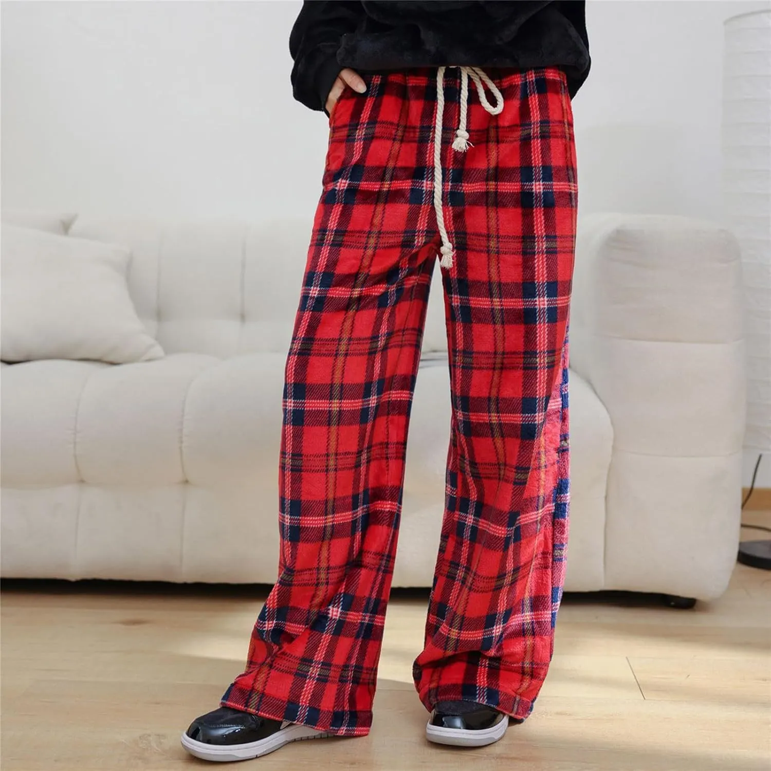 Xmas Plaid Pants for Unisex Warm Fleece Thermal Pajamas Trousers Casual Trendy Lounge Pants 2024 Christmas Outfits