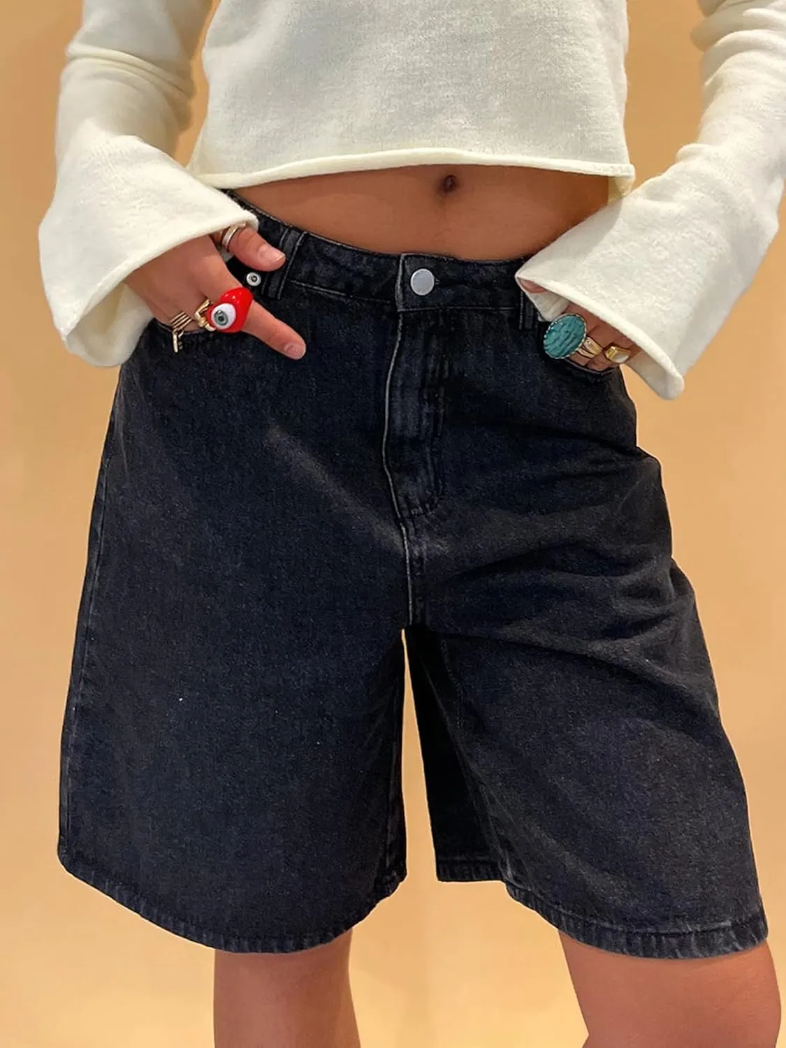 Y2k Jean Shorts for Women High Waisted Trendy Stretchy Denim Shorts Knee Length Cutoff Loose Fit Long Shorts