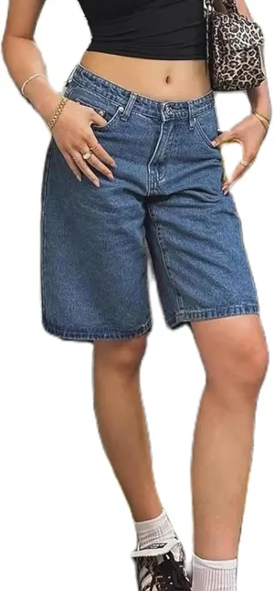 Y2k Jean Shorts for Women High Waisted Trendy Stretchy Denim Shorts Knee Length Cutoff Loose Fit Long Shorts
