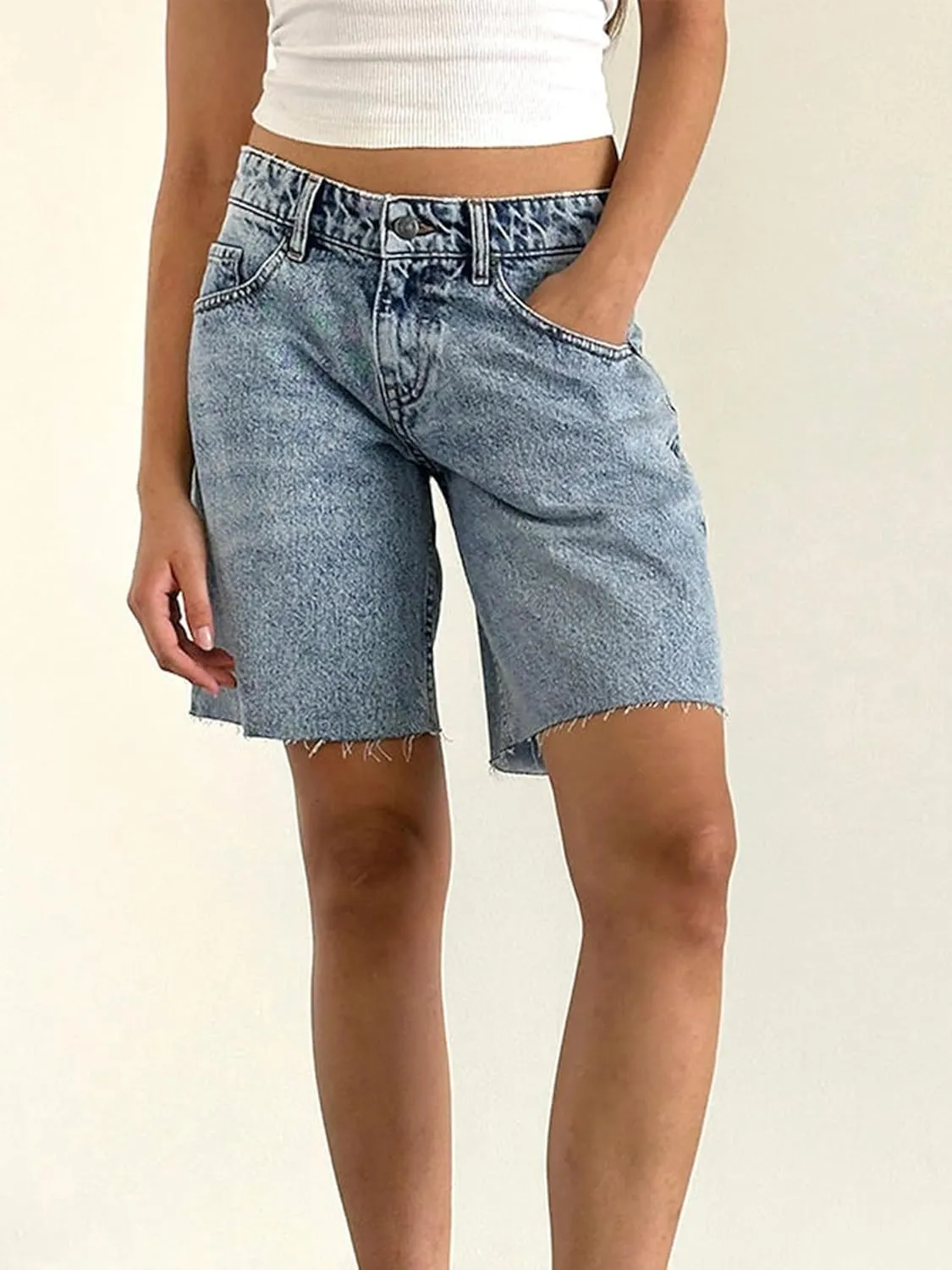 Y2k Jean Shorts for Women High Waisted Trendy Stretchy Denim Shorts Knee Length Cutoff Loose Fit Long Shorts