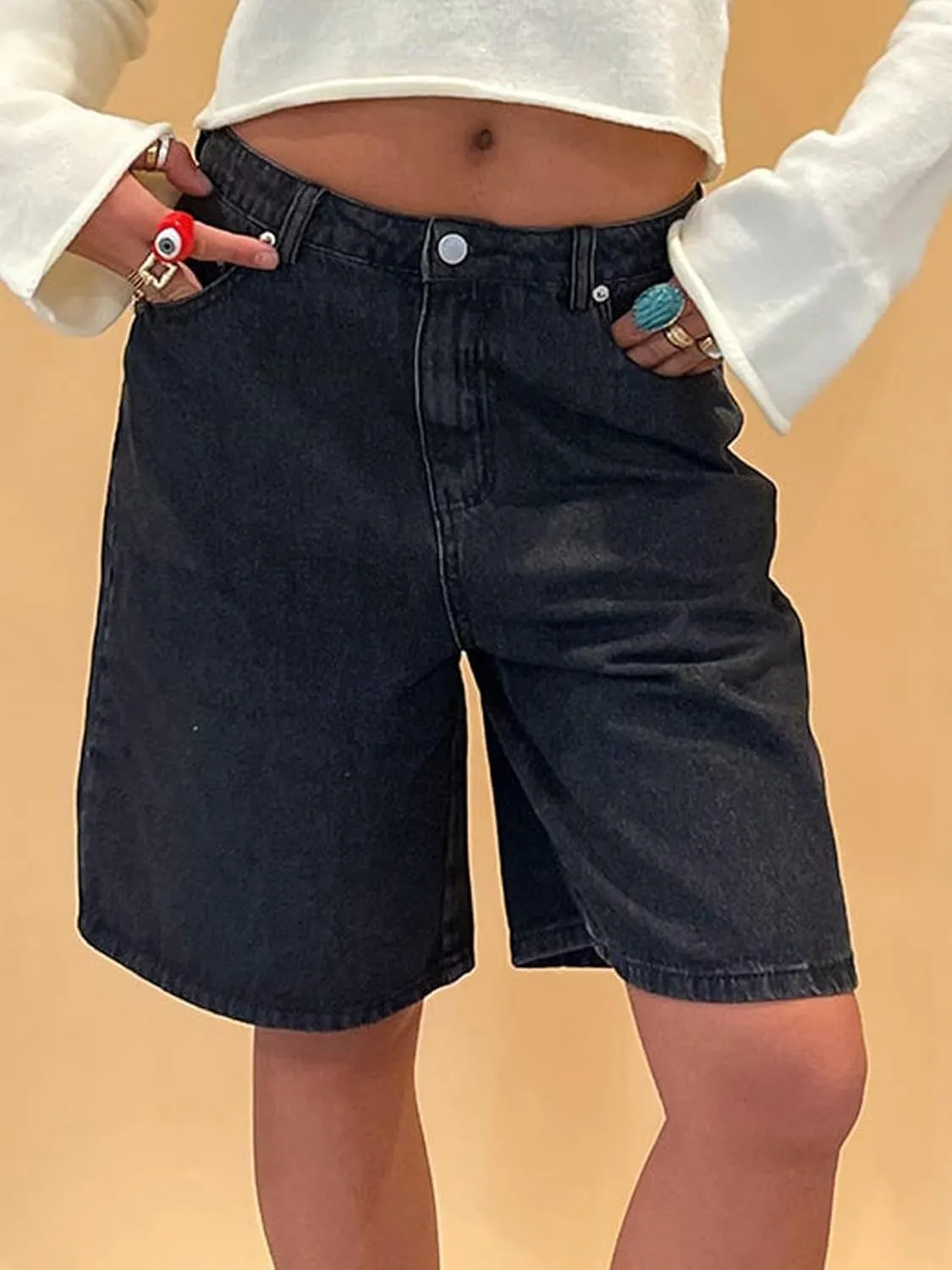 Y2k Jean Shorts for Women High Waisted Trendy Stretchy Denim Shorts Knee Length Cutoff Loose Fit Long Shorts