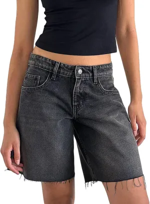 Y2k Jean Shorts for Women High Waisted Trendy Stretchy Denim Shorts Knee Length Cutoff Loose Fit Long Shorts