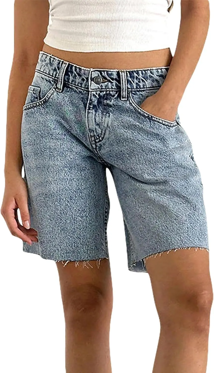 Y2k Jean Shorts for Women High Waisted Trendy Stretchy Denim Shorts Knee Length Cutoff Loose Fit Long Shorts