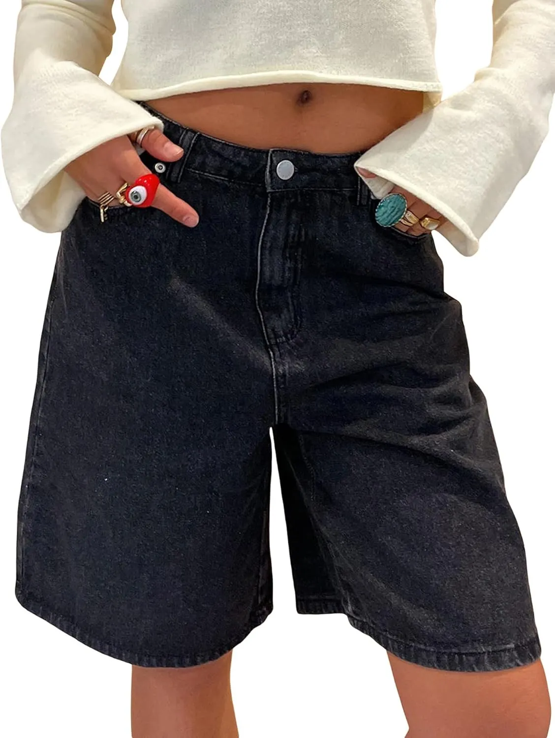 Y2k Jean Shorts for Women High Waisted Trendy Stretchy Denim Shorts Knee Length Cutoff Loose Fit Long Shorts