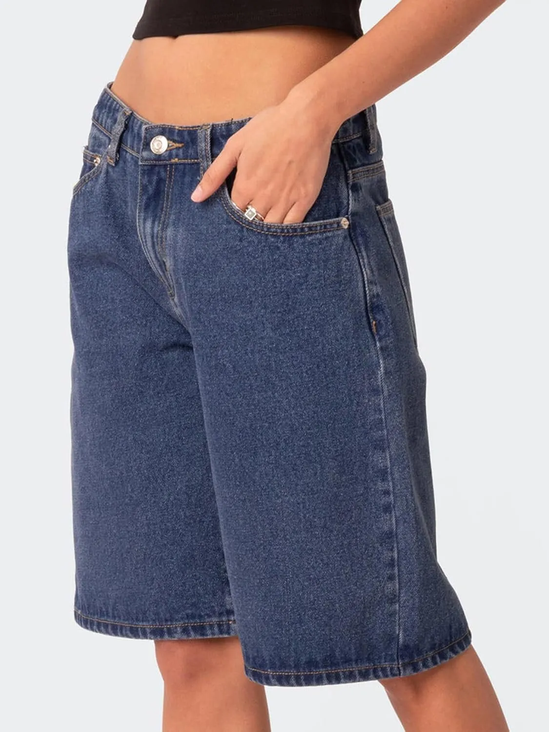 Y2k Jean Shorts for Women High Waisted Trendy Stretchy Denim Shorts Knee Length Cutoff Loose Fit Long Shorts