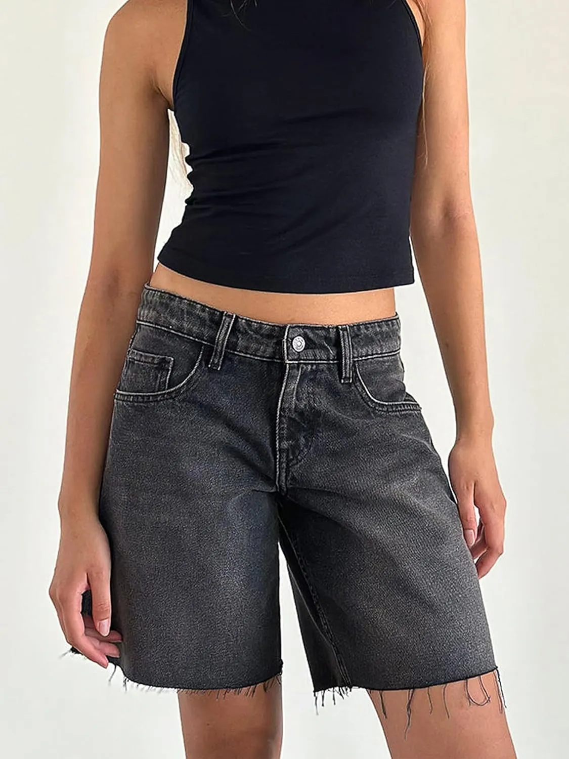 Y2k Jean Shorts for Women High Waisted Trendy Stretchy Denim Shorts Knee Length Cutoff Loose Fit Long Shorts