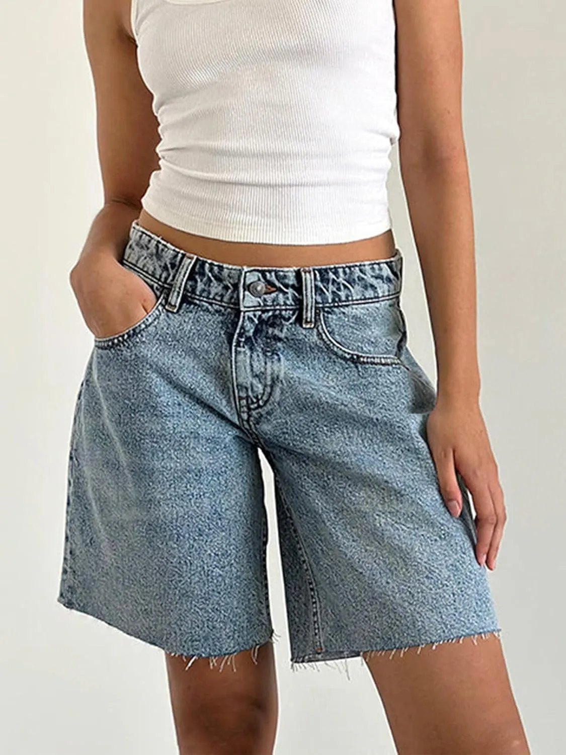 Y2k Jean Shorts for Women High Waisted Trendy Stretchy Denim Shorts Knee Length Cutoff Loose Fit Long Shorts