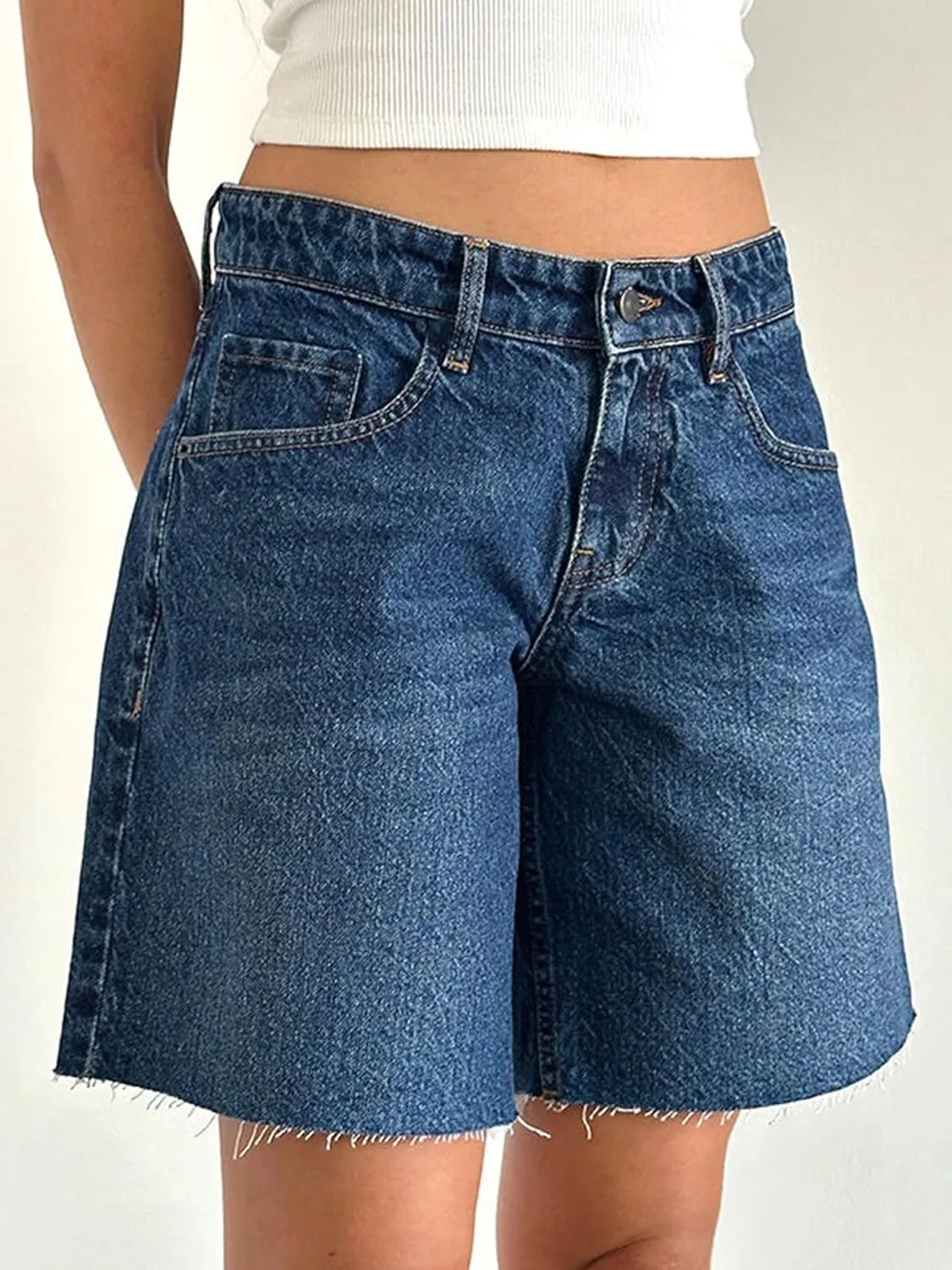 Y2k Jean Shorts for Women High Waisted Trendy Stretchy Denim Shorts Knee Length Cutoff Loose Fit Long Shorts