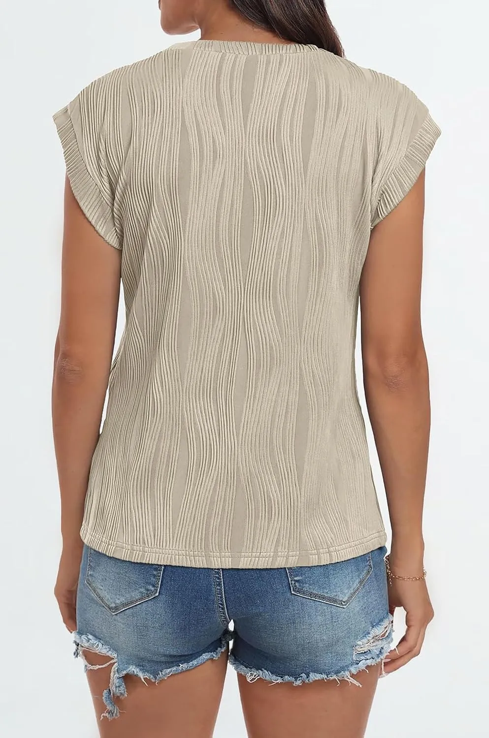 YeonYoonA Women Crewneck Textured Tops Summer Basic Loose Fit T-Shirt Casual Cap Sleeve Work Blouses Solid Casual Blouse