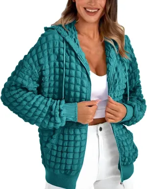 ZYXTIM Women's Cute Hoodies Teen Girl Fall Jacket Waffle Textured Oversized Sweatshirts Casual Zip Up Y2K Hoodie with Pocket
