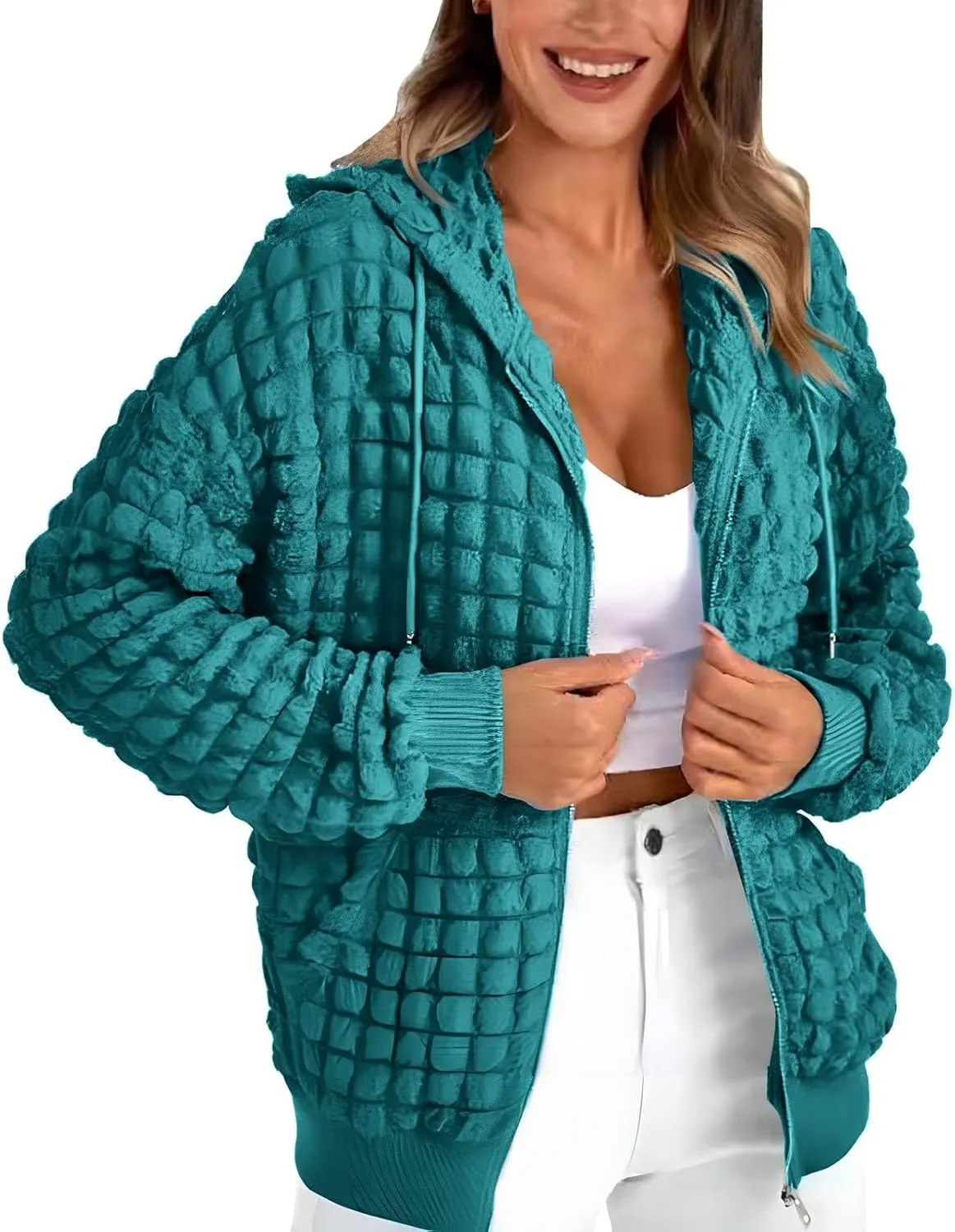 ZYXTIM Women's Cute Hoodies Teen Girl Fall Jacket Waffle Textured Oversized Sweatshirts Casual Zip Up Y2K Hoodie with Pocket